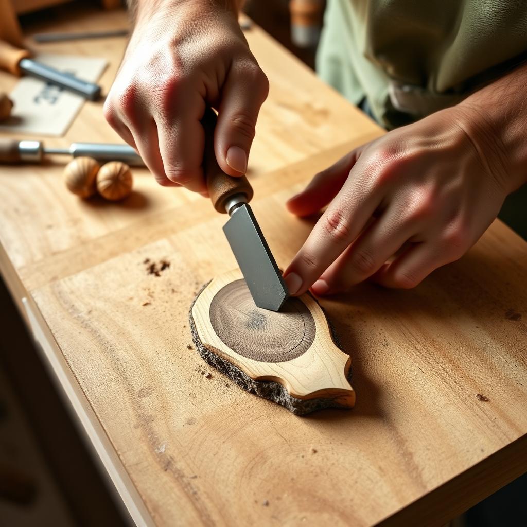 Woodworker carving walnut with an ergonomic chisel on a clean workbench under natural light.