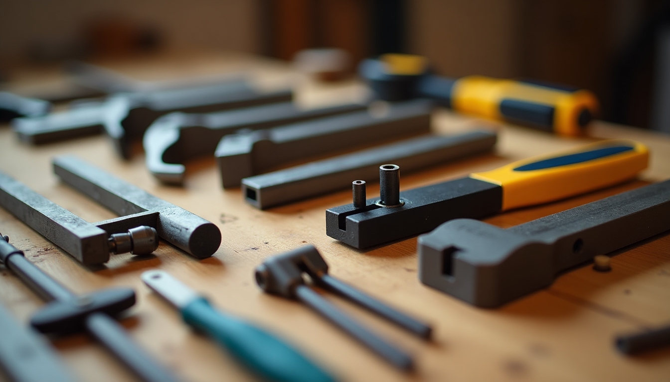 A professional workbench neatly arranged with various clamps and small hand tools.
