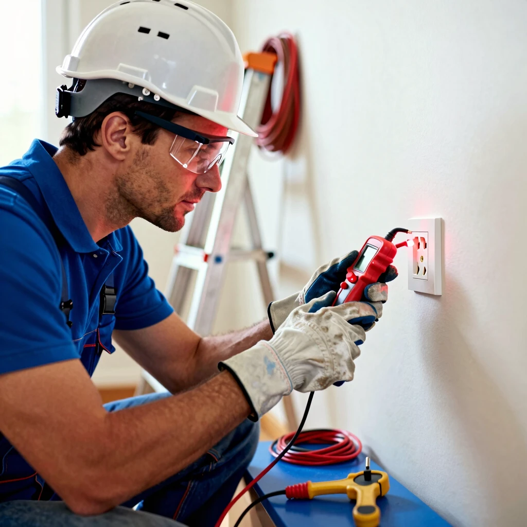 Electrician safely testing outlet with voltage tester
