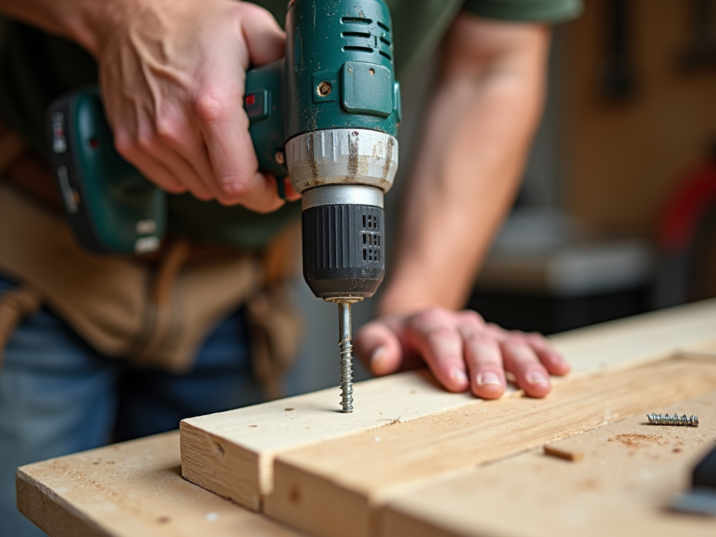 Worker using a power drill on a wooden plank