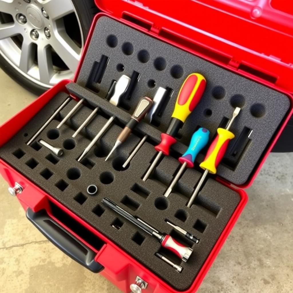 Screwdriver set organized in a red toolbox with a car wheel in the background.