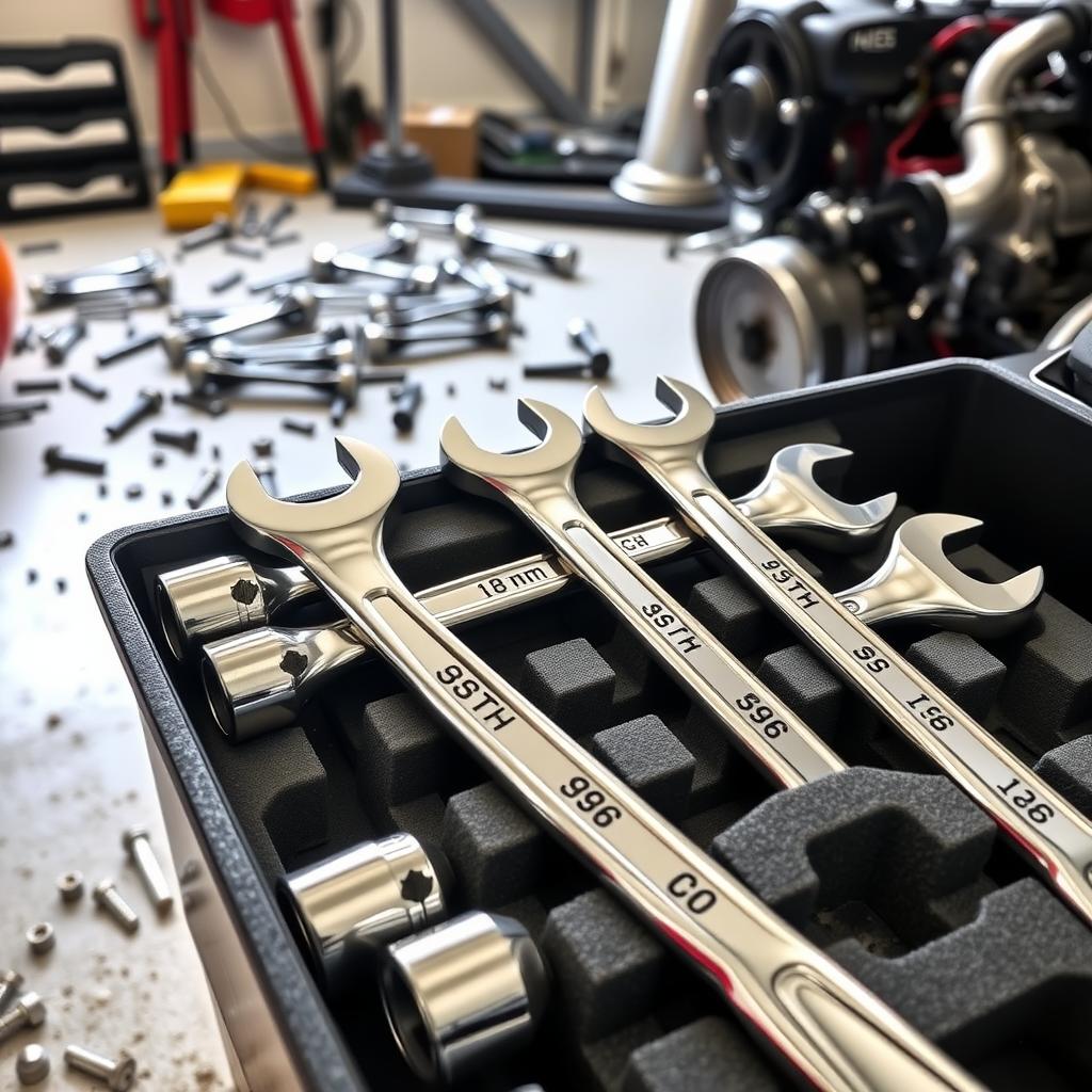 Close-up of a chrome ratcheting wrench set in a foam organizer tray on a garage workbench.
