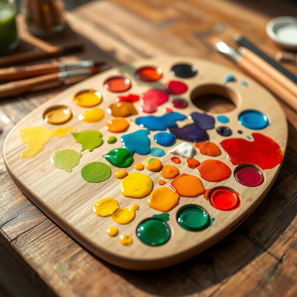 Colorful artist’s palette with acrylic, oil, and watercolor paints on a wooden table.