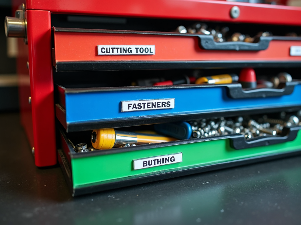 Color-coded labels on toolbox drawers for instant tool spotting.
