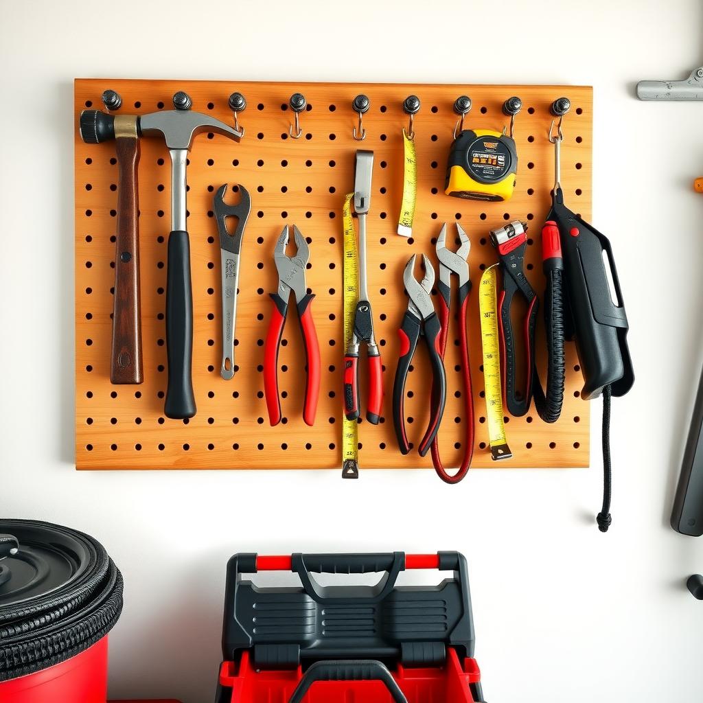 Organized garage pegboard with well-maintained workman tools and a toolbox on a shelf.