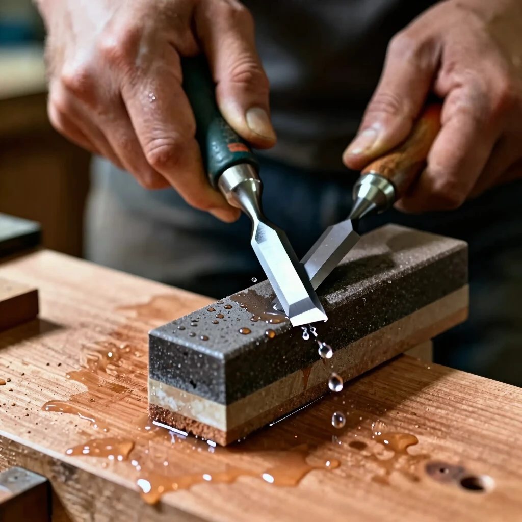 Woodworker sharpening a chisel on a waterstone