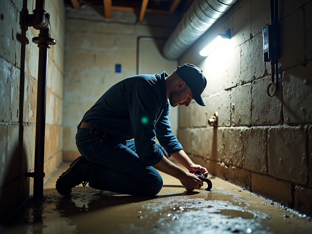 Plumber repairing pipe in basement