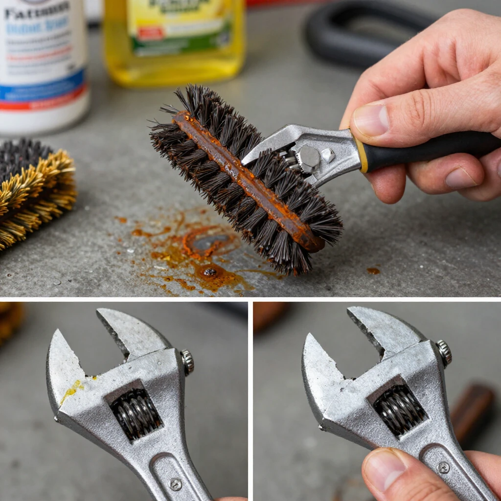 Person removing rust from a wrench with a wire brush and oil