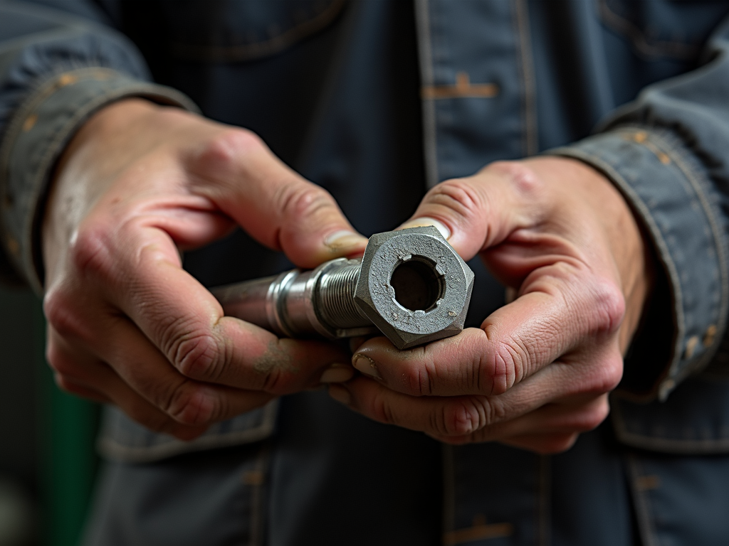 Measuring a bolt with a caliper to choose the right wrench size.