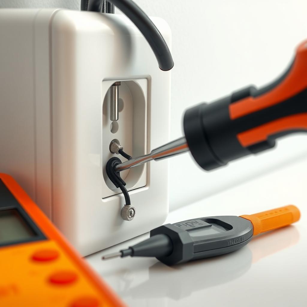 A close-up of an electrical outlet with a loose wire being tightened using an insulated screwdriver, with a multimeter nearby.