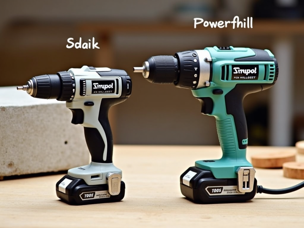 Cordless drill and hammer drill comparison on a workbench