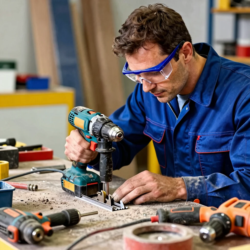Construction worker inspecting and maintaining power tools on a workbench