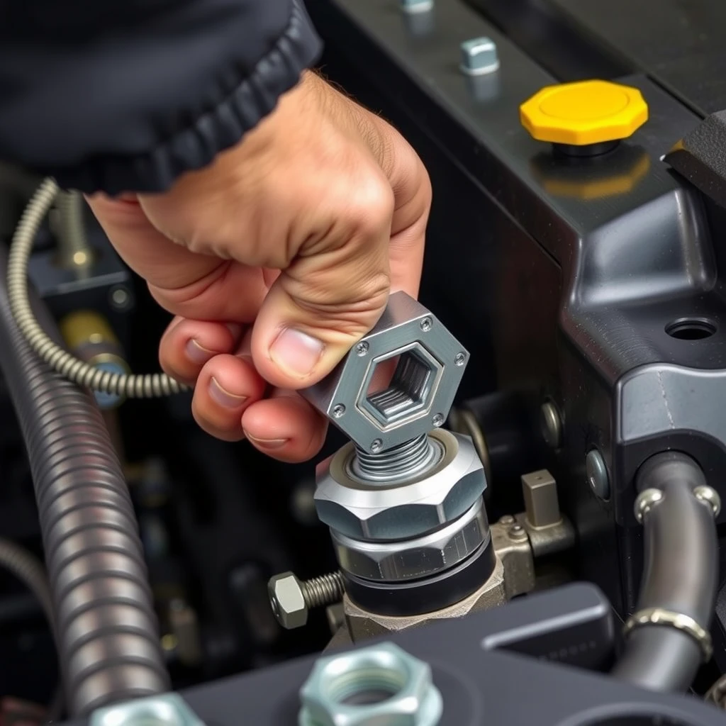 Hand using a combination wrench on a car engine bolt