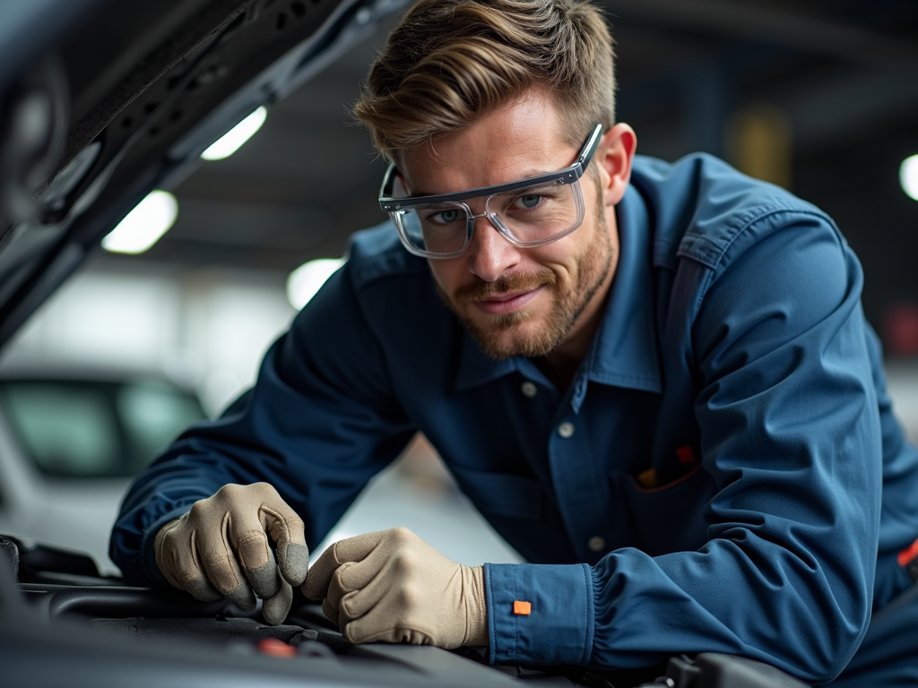 A mechanic prioritizing safety during an automotive repair.