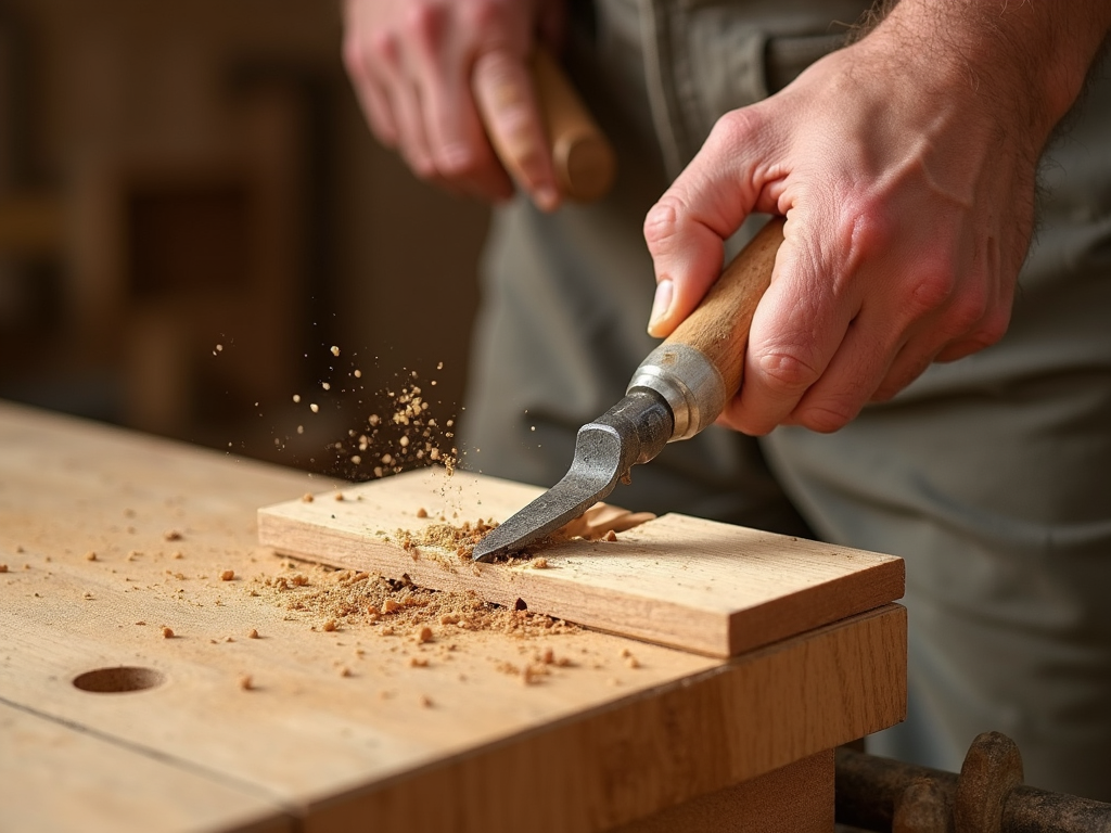 Woodworker using a mortise chisel