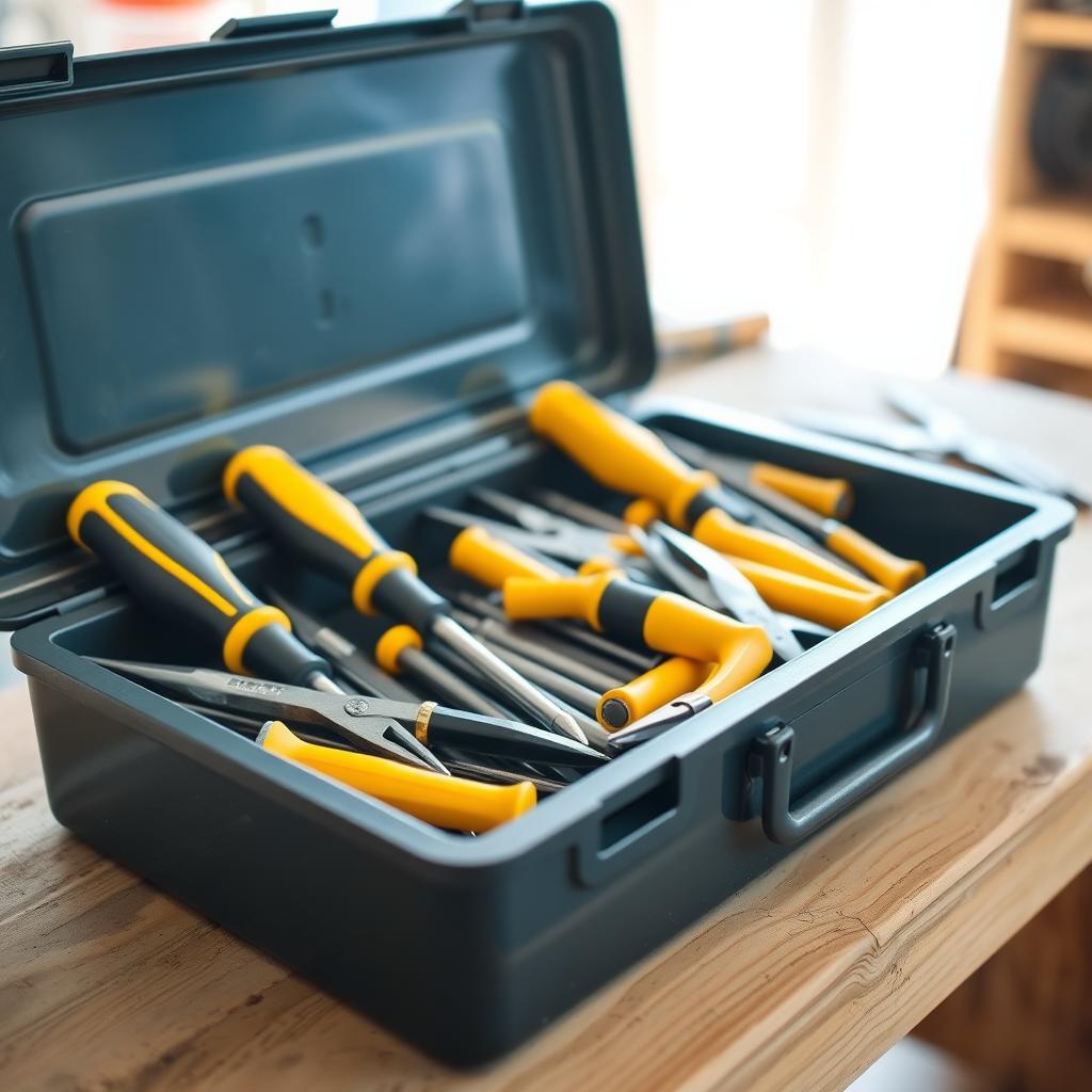 Open toolbox with insulated screwdrivers, wire strippers, and pliers on a workbench.