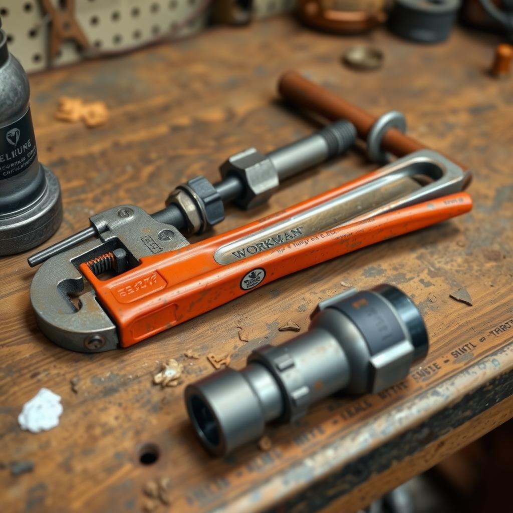 Workman plumbing tools on workbench
