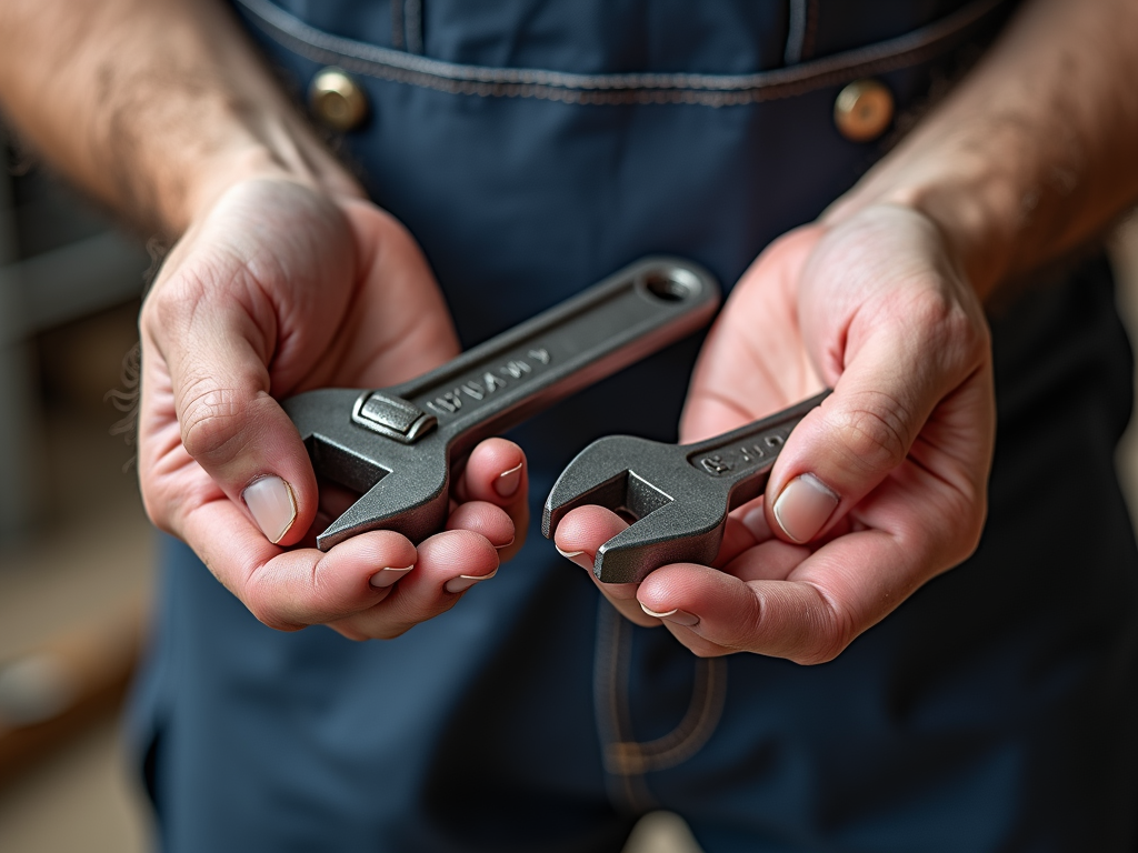 Hands comparing ergonomic and traditional wrenches.