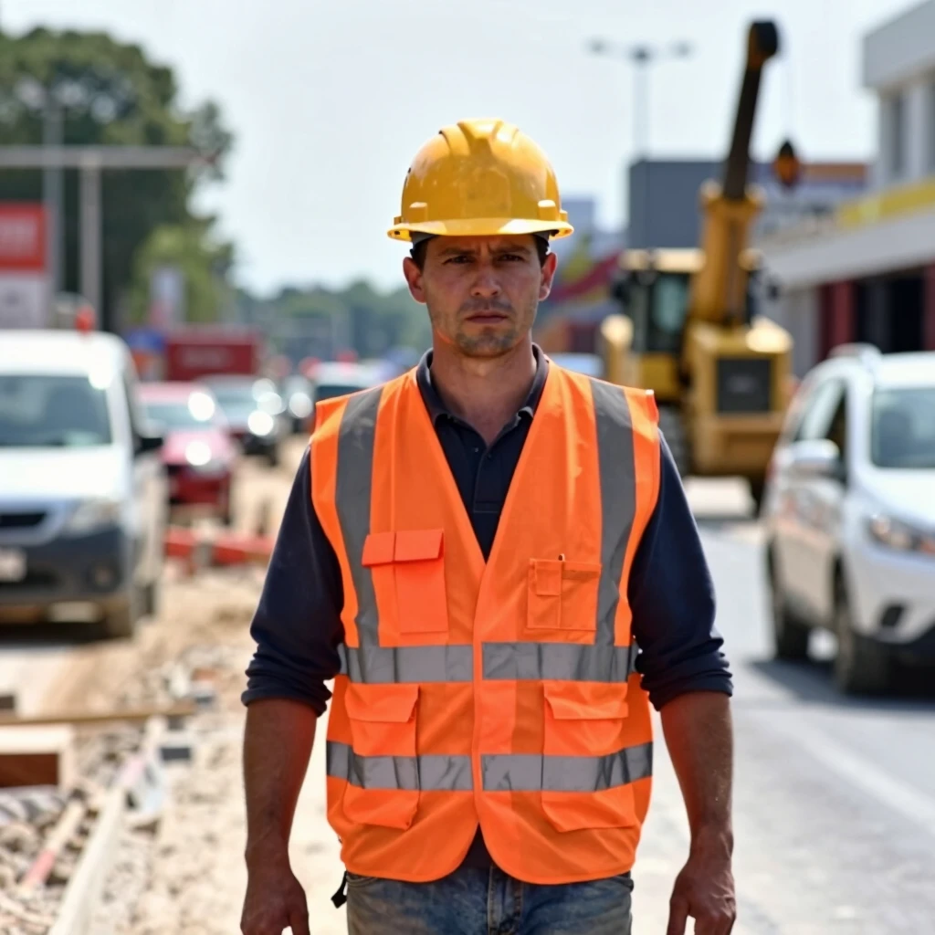 Construction worker wearing orange high-visibility vest on road site