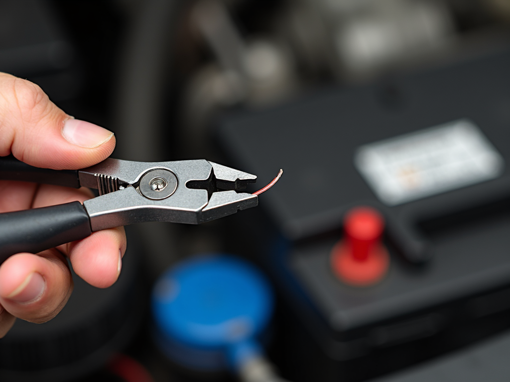 Mechanic using needle-nose pliers to hold a small wire.