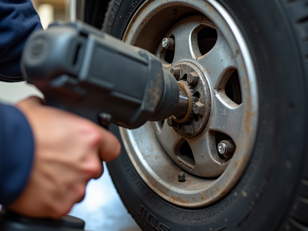 Mechanic using an impact wrench on a car tire