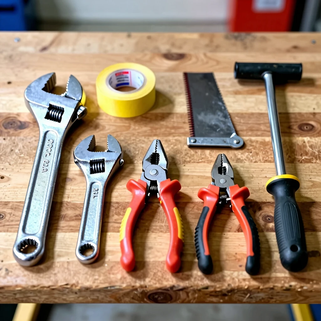Organized essential plumbing tools on a wooden workbench