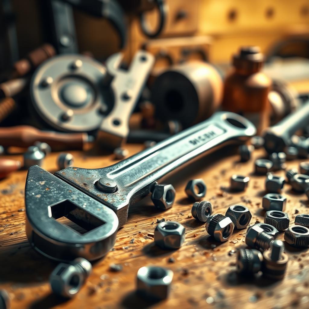 Adjustable wrench on a wooden workbench with bolts and nuts