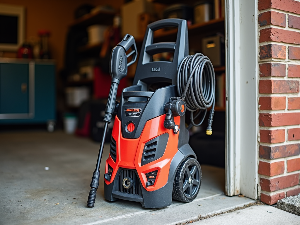Neatly stored power washer in a garage
