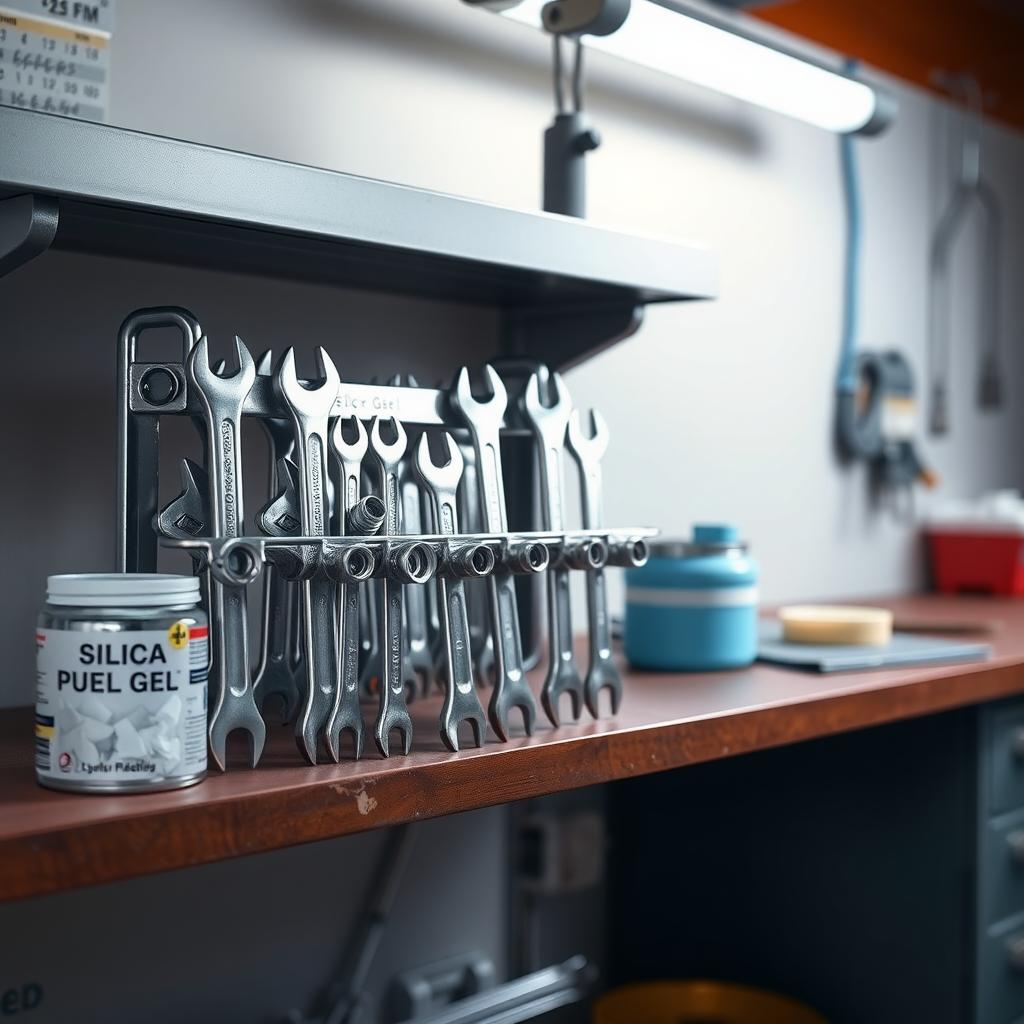A workshop shelf with a wrench rack and silica gel packets