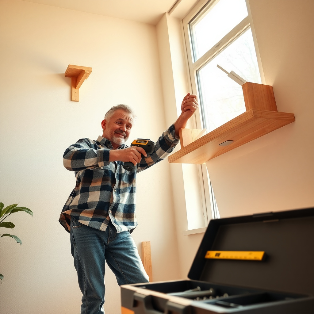 Homeowner assembling a shelf with a power drill in a DIY setting