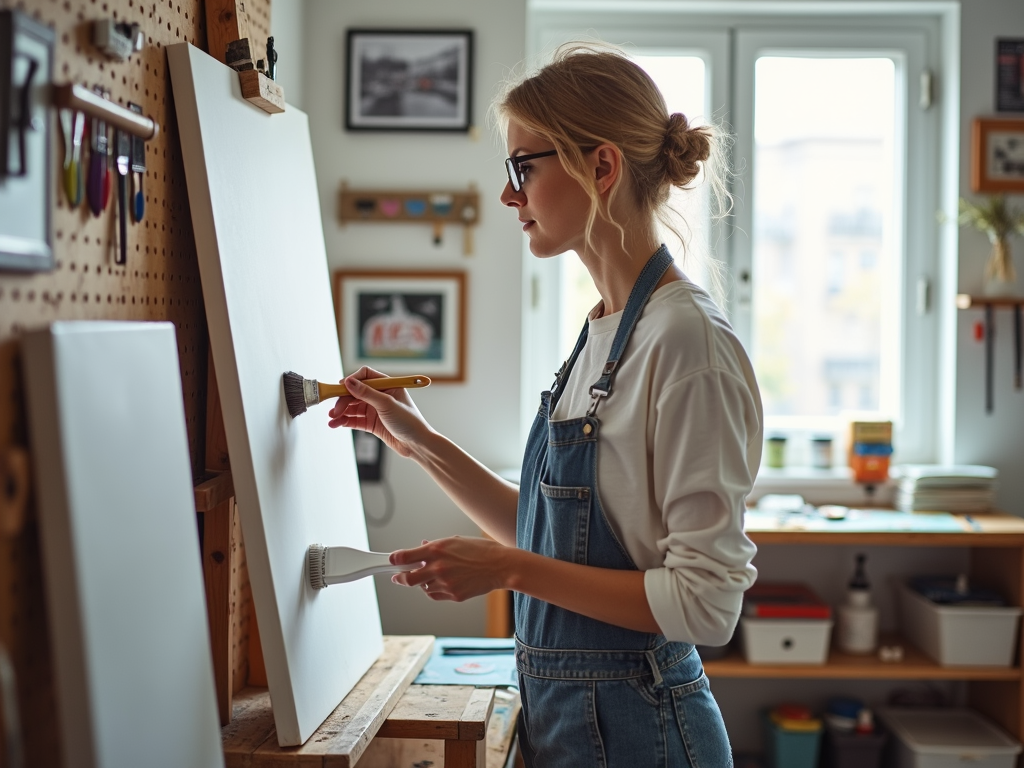 A painter in an organized studio.