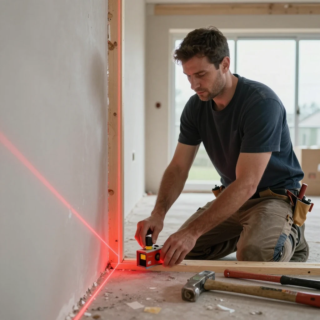 Builder aligning walls with laser level in complex project