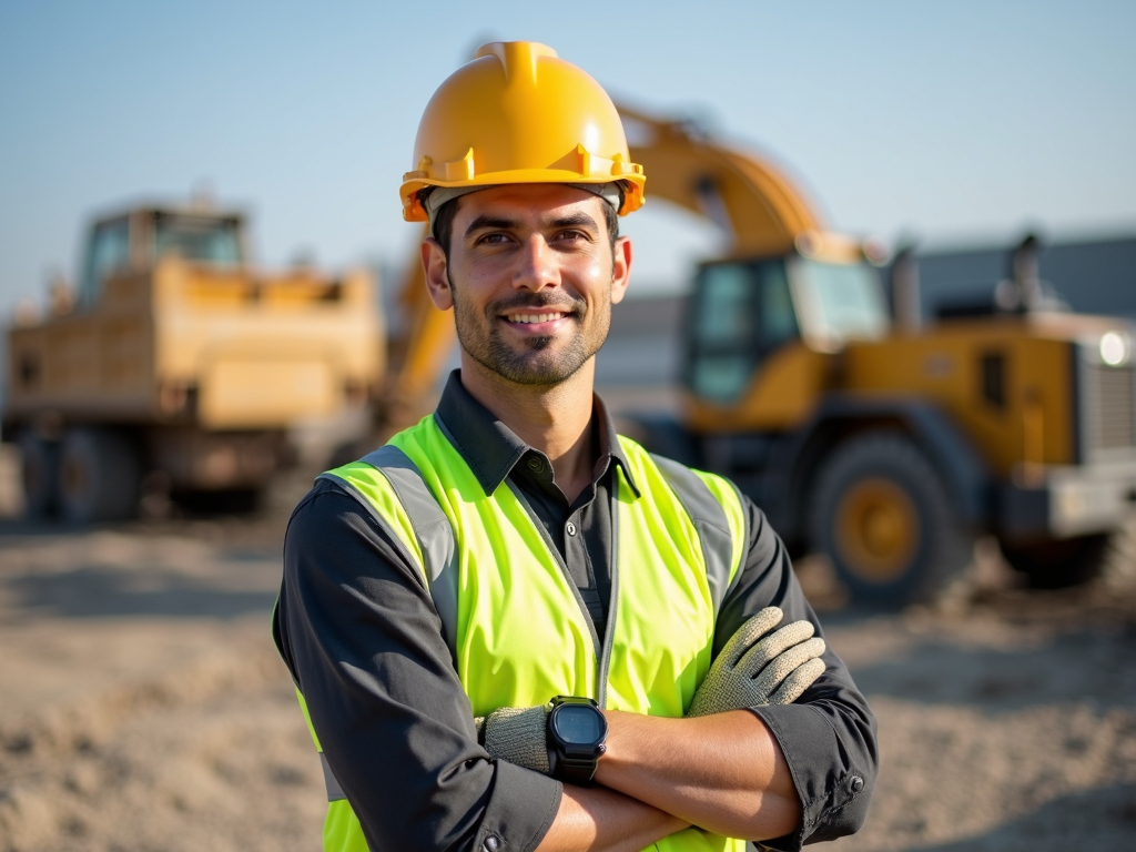 Construction worker in full safety gear on site