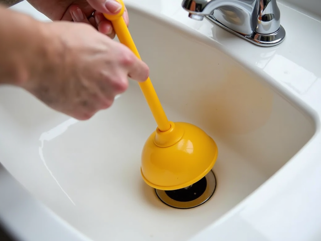 Using a plunger to clear a clogged sink drain.