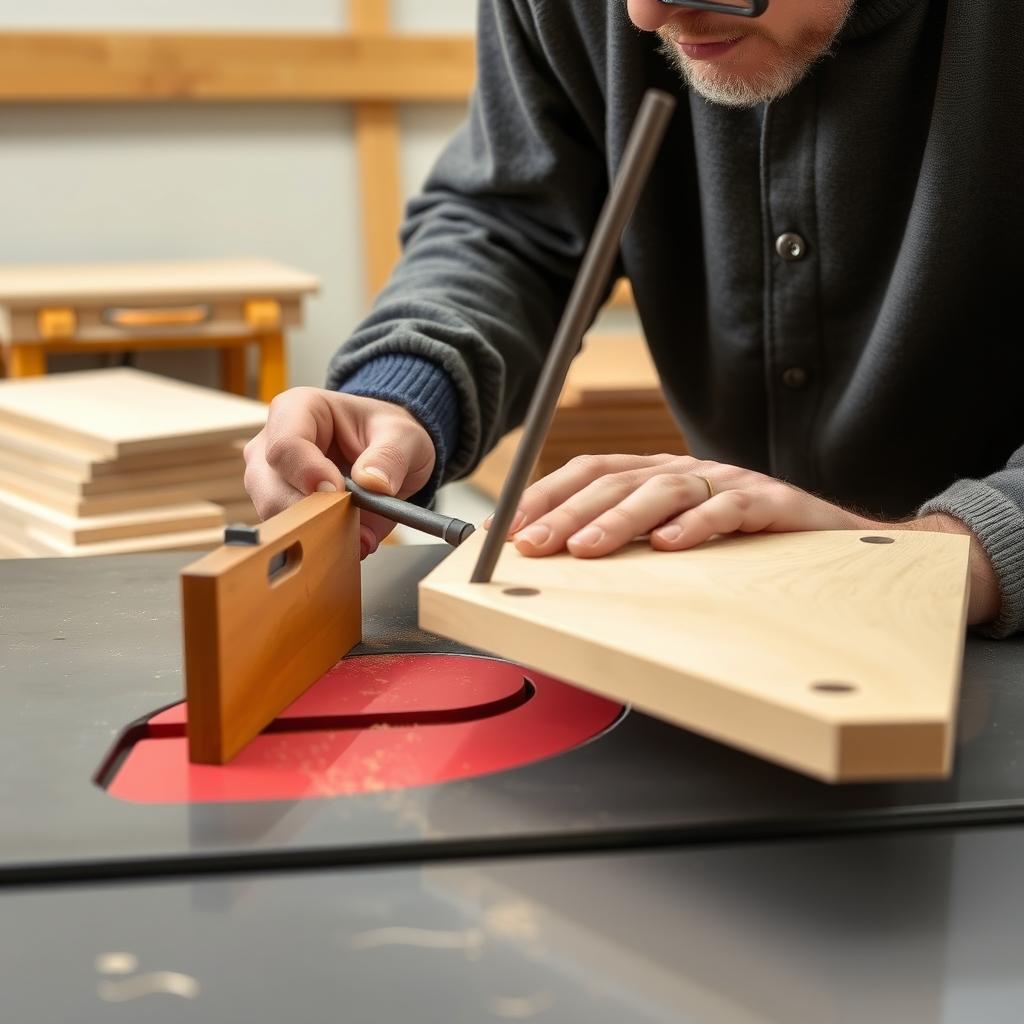 Woodworker safely using a table saw with a push stick, blade guard, and dust collection system.