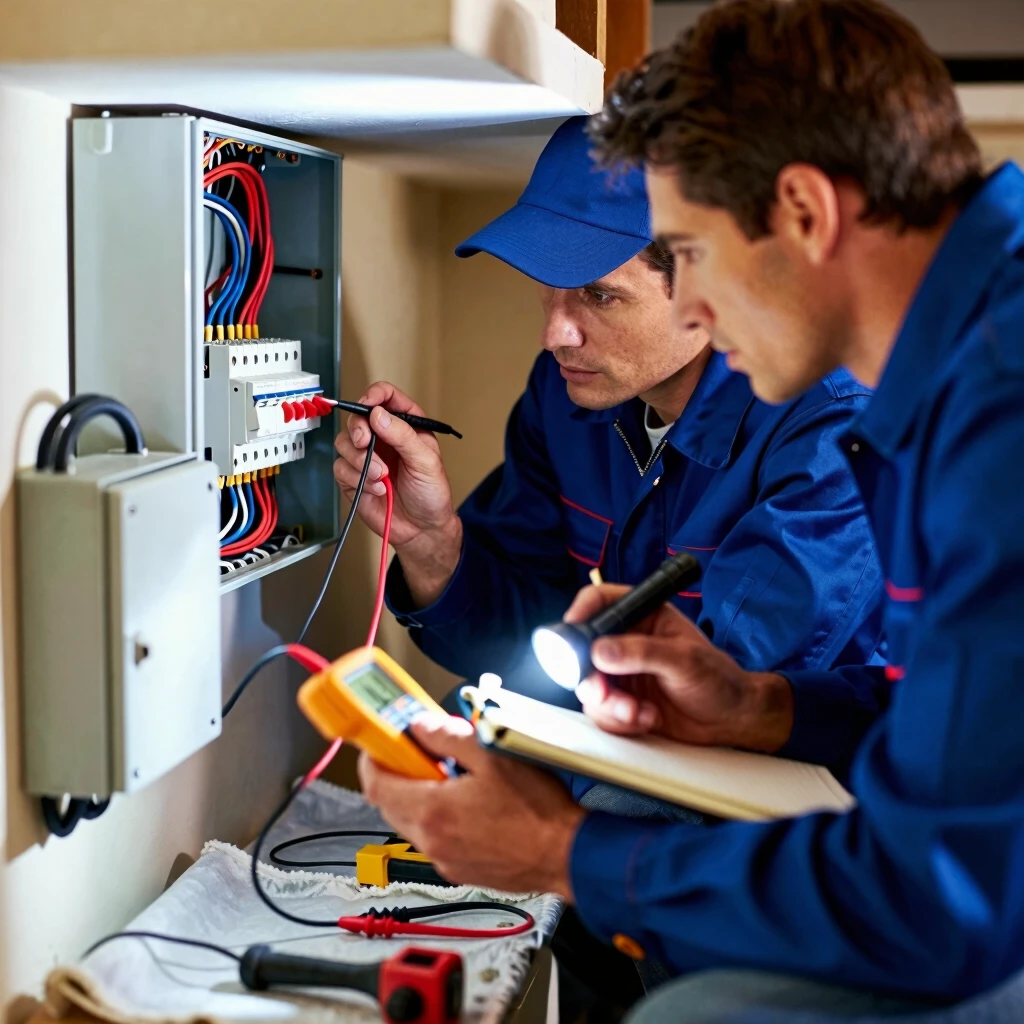 Electricians collaborating on advanced troubleshooting
