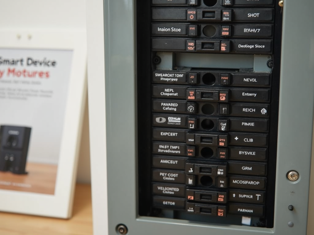 Home electrical panel with circuit breakers and smart device installation guide.