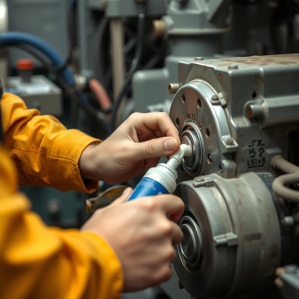 A person applying lubricant to the gears of a lathe.
