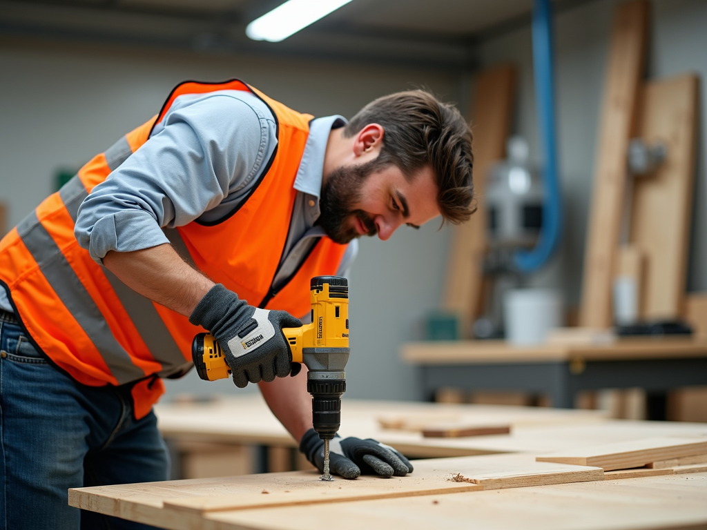 Worker using cordless drill and advanced safety gear