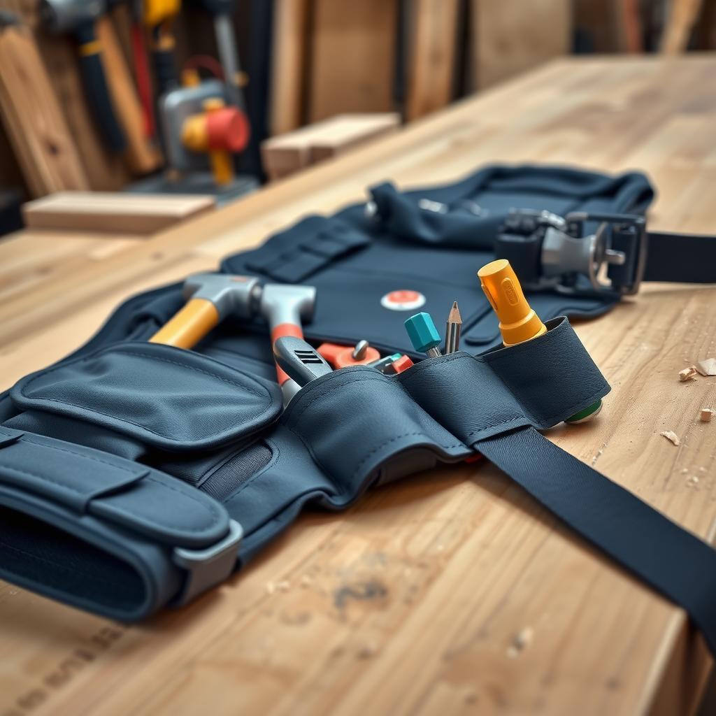 Close-up of an ergonomic tool belt on a workbench
