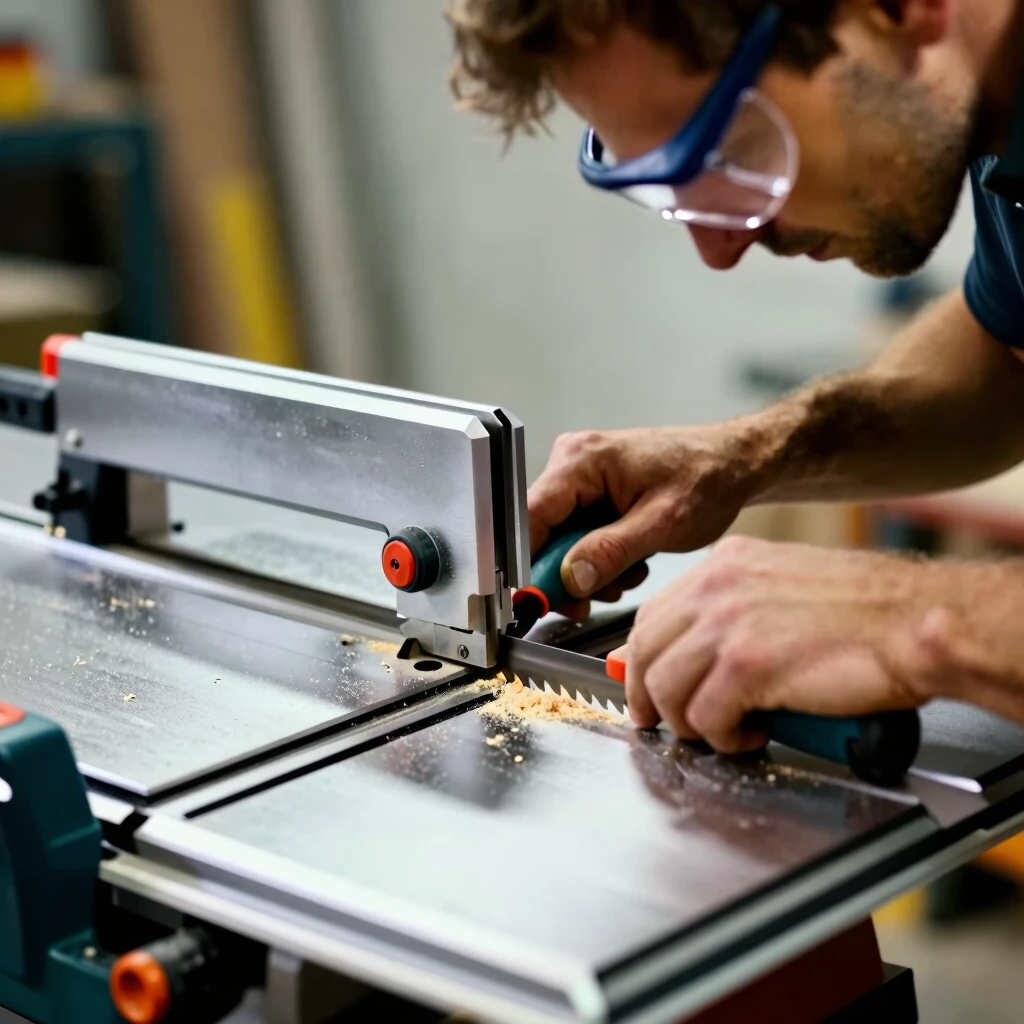 Person maintaining and inspecting a table saw in workshop
