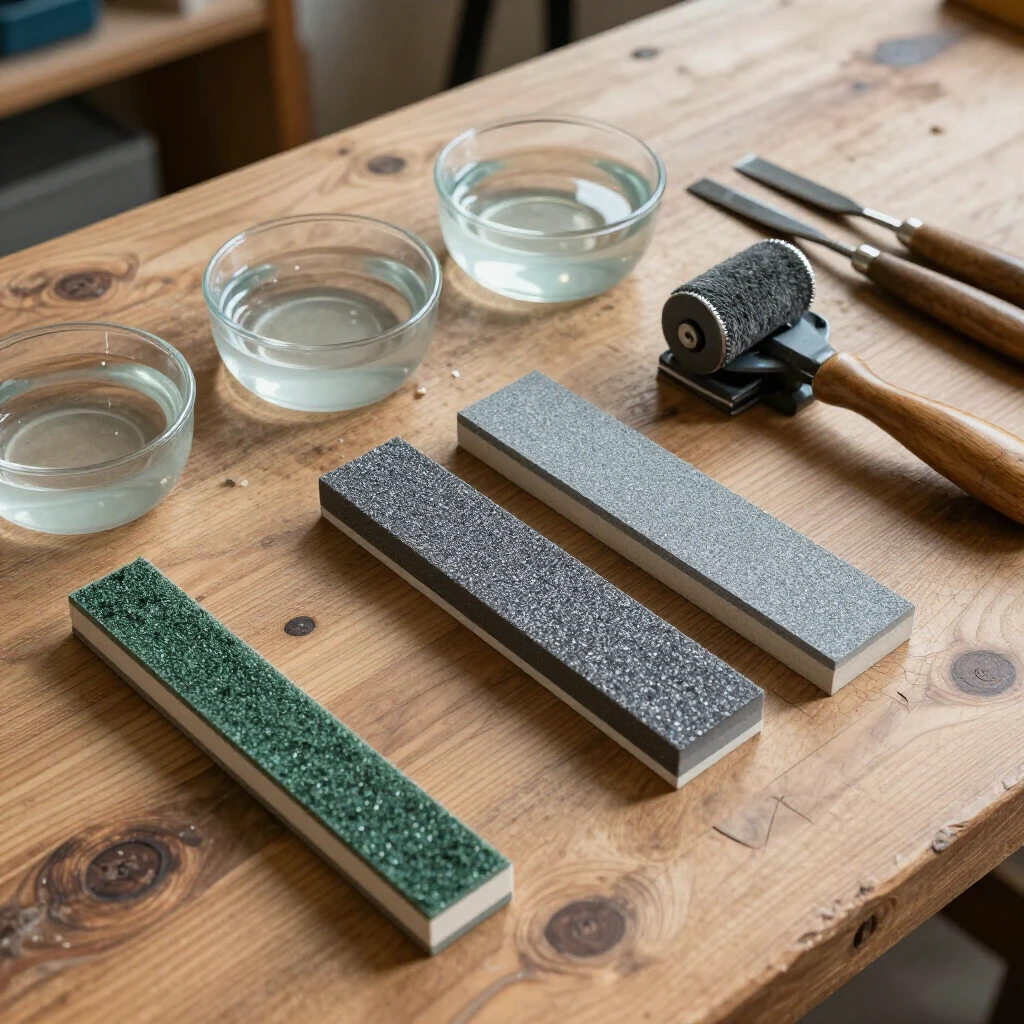 Assortment of sharpening tools and supplies on a wooden workbench