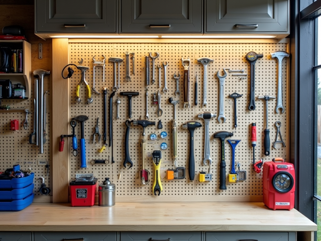 A small garage with tools neatly organized on a pegboard.
