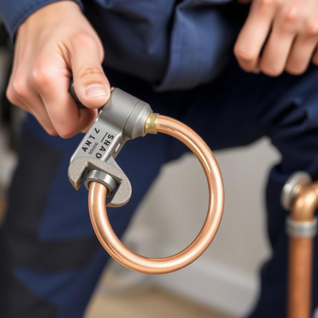 Plumber shaping a copper pipe with a pipe bender.