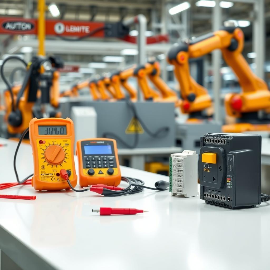 Organized workbench with advanced electrical tools for automation in a modern factory.
