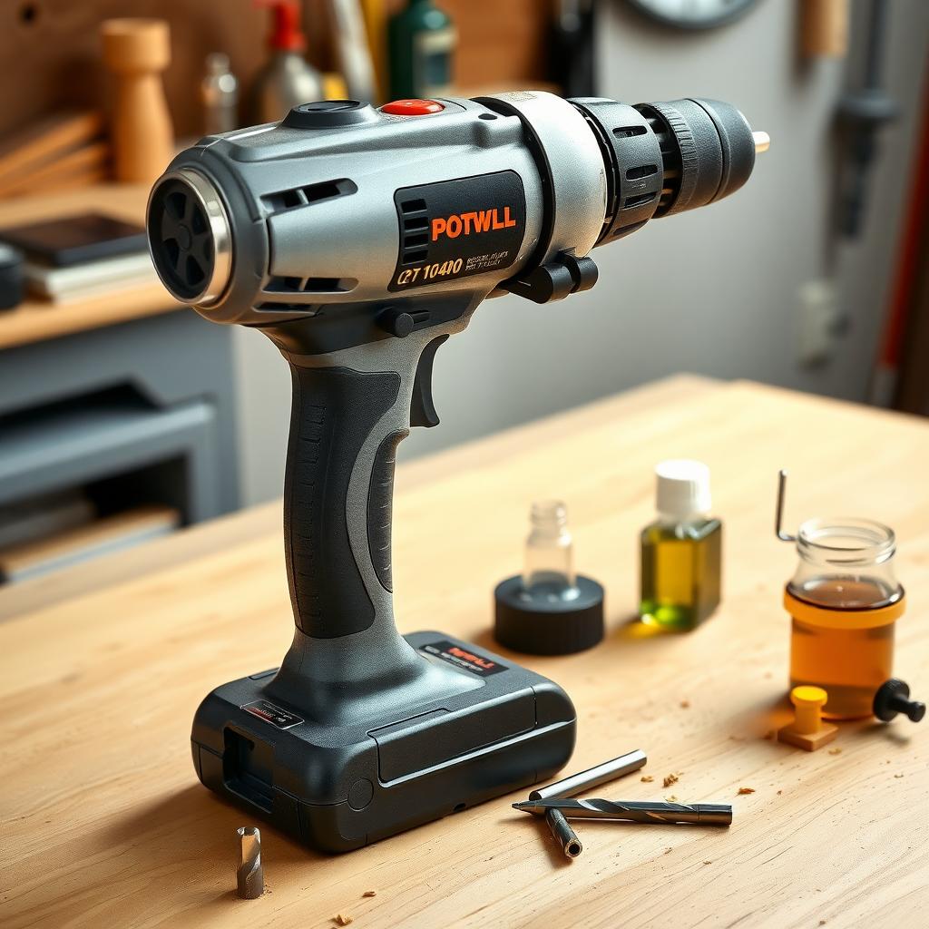 Shiny power drill with drill bits and machine oil on a workbench.