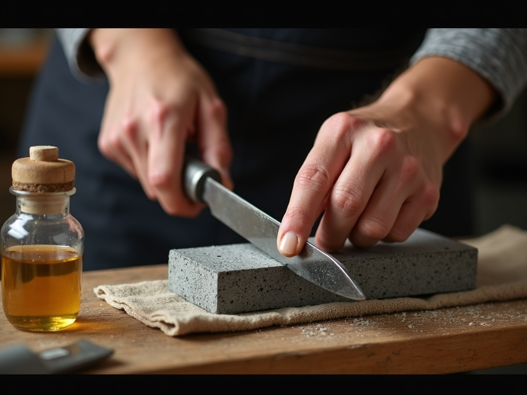 Person sharpening a chisel on a whetstone next to a cloth and oil bottle.