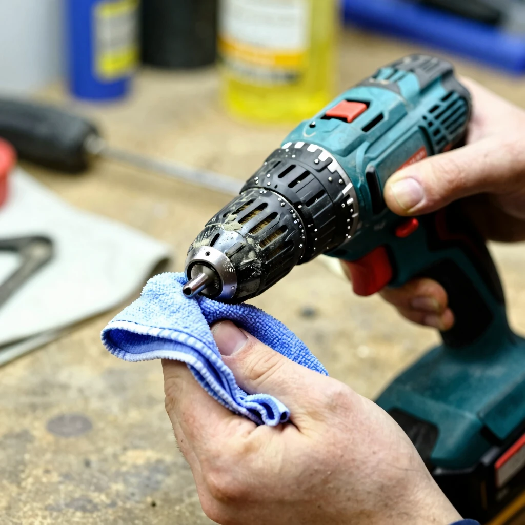 Person cleaning dust from a power drill with brush and cloth
