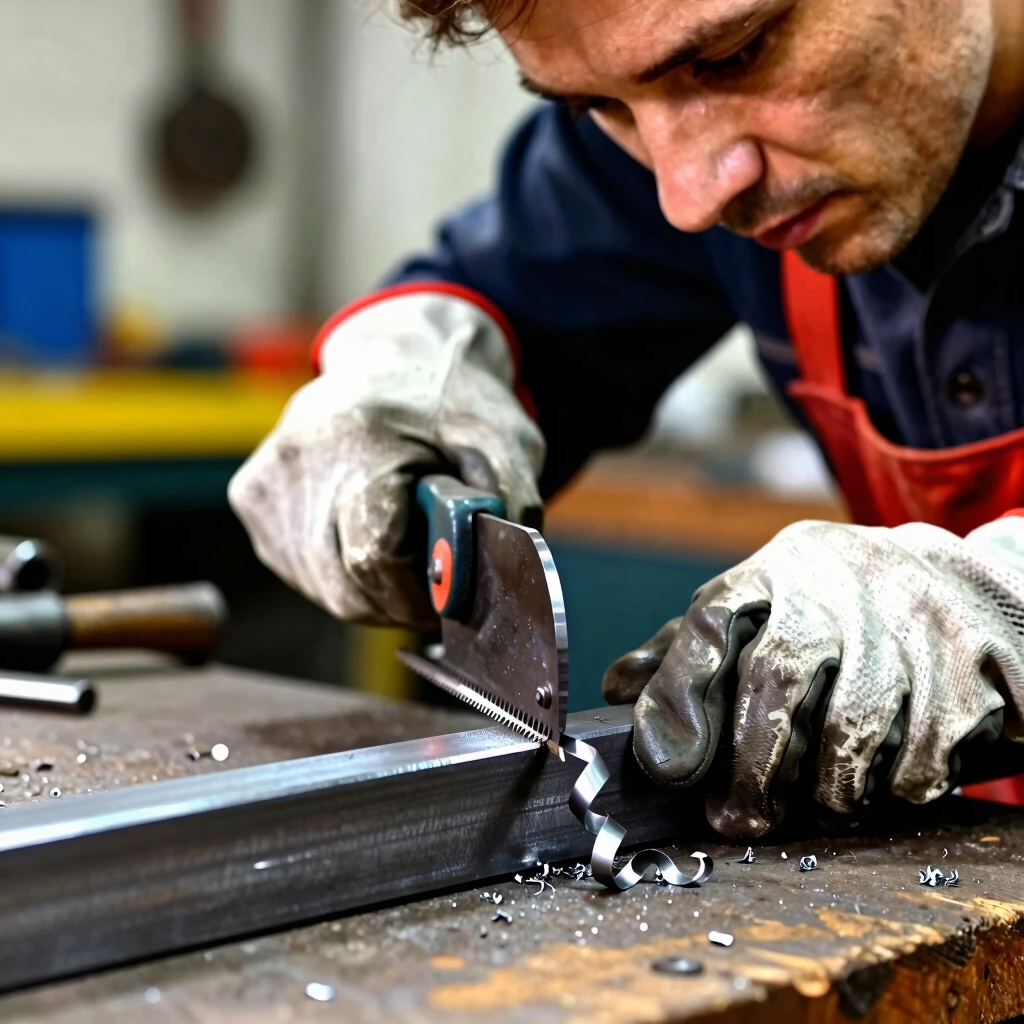 Hands cutting metal rod with a hacksaw in a workshop