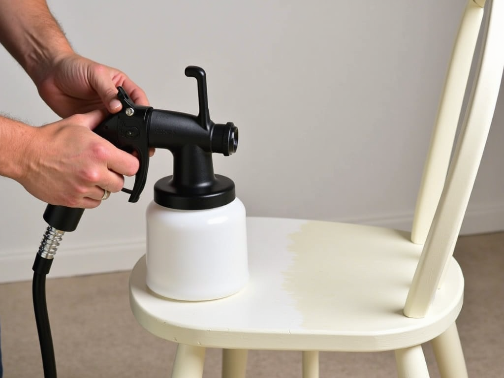 Handheld paint sprayer on wooden chair